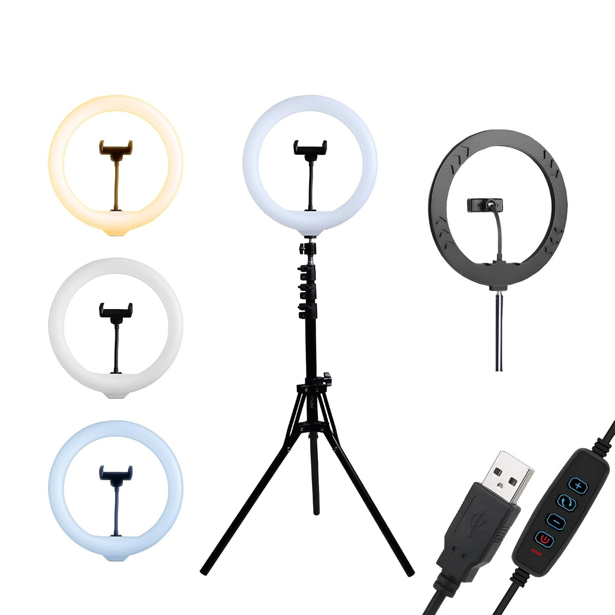 DRL-14C LED Ring Light with 124cm Stand & Smartphone Mount, USB Powered, 3 Color Modes, Adjustable Brightness, Dual Color Temperature, for Vlogging, Makeup, Photo & Video