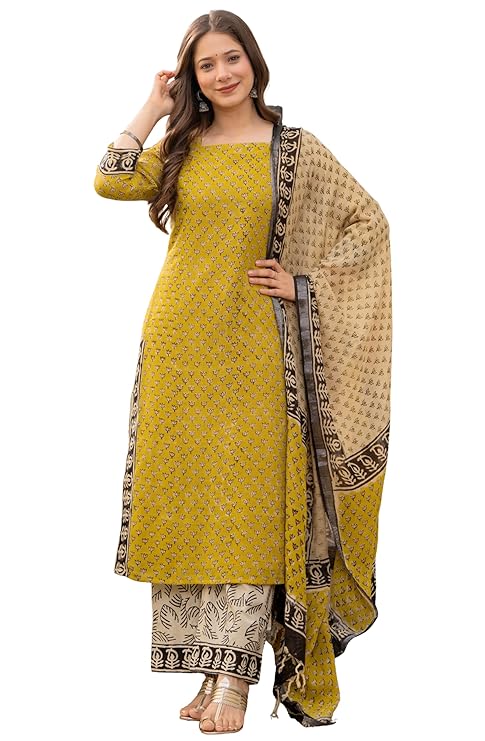 Women's Pure Cotton Straight Kurta Set with Palazzo Pants & Dupatta|Ethnic wear|Kurti Suit Set for Women